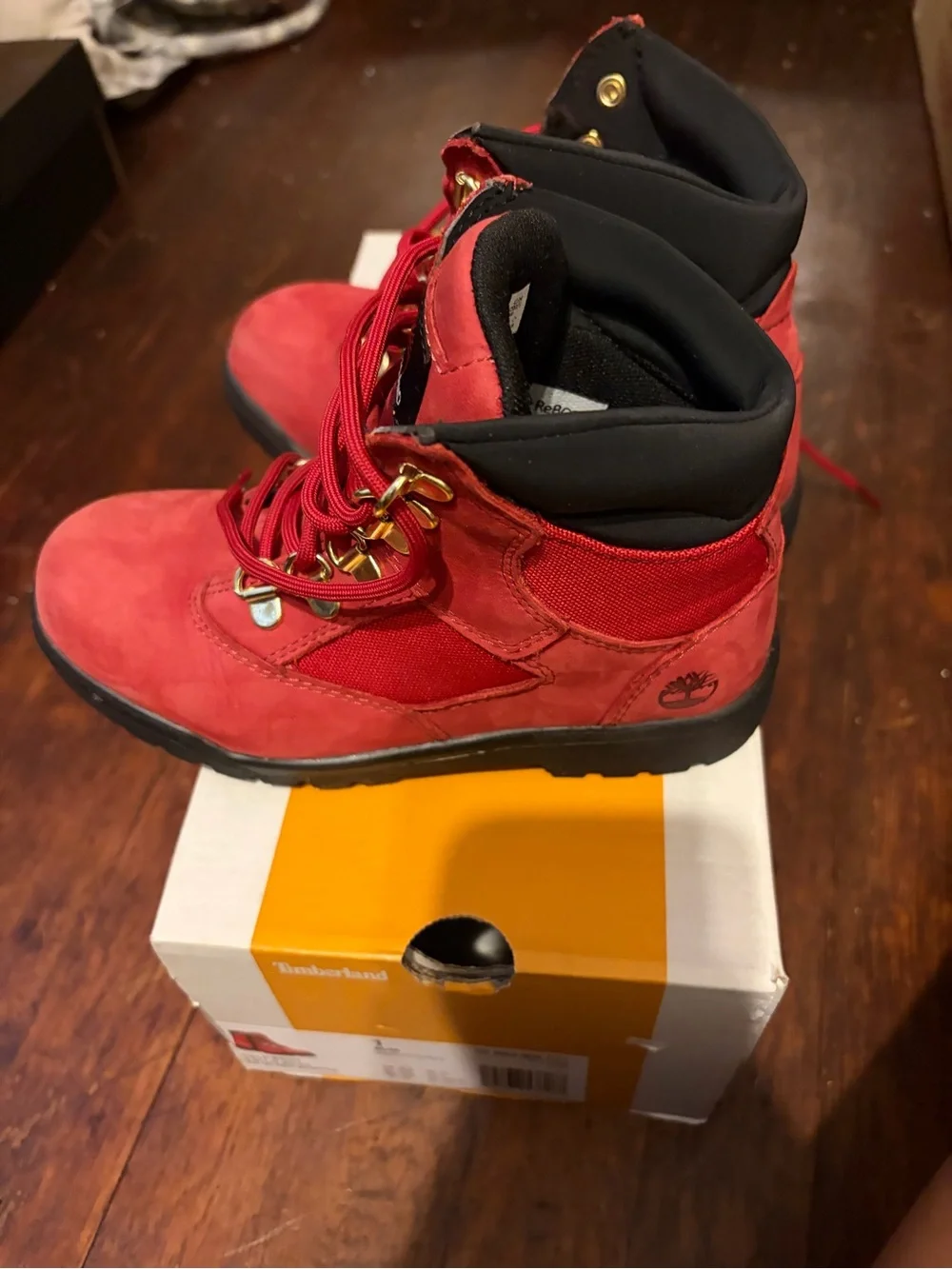 Timberland Red Nubuck Lace-Up Boots with Black Collar size 1